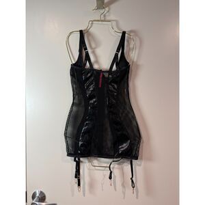 Seven ‘Til Midnight Black Faux Leather Mesh Corset Lingerie w/ Garters